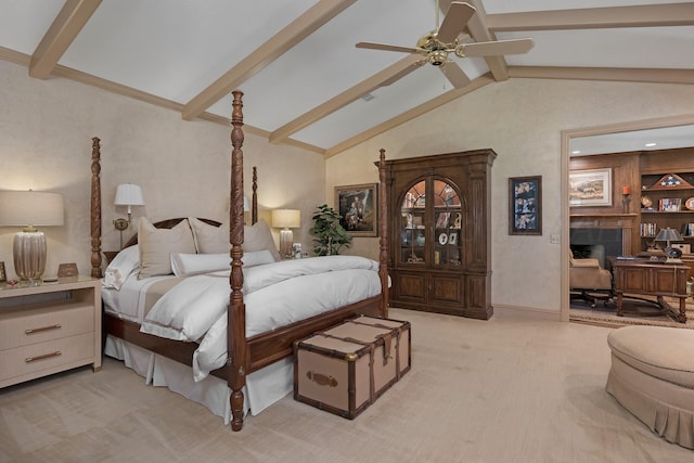 3506 Van Winkle Dr, Amarillo, TX 79121 - bedroom featuring light carpet, vaulted ceiling with beams, and ceiling fan