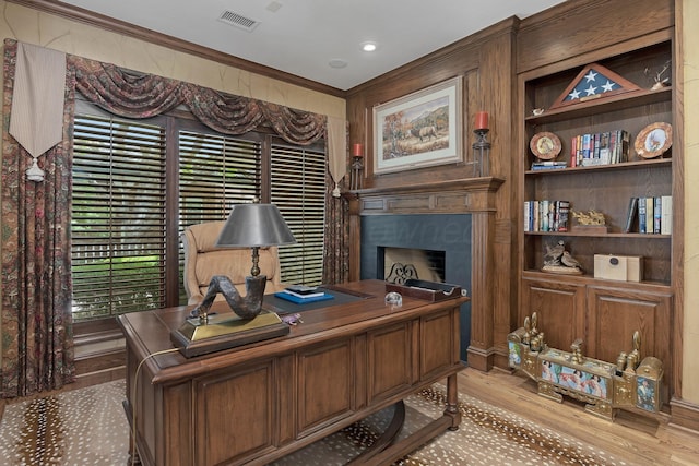 3506 Van Winkle Dr, Amarillo, TX 79121 - office with visible vents, recessed lighting, wood finished floors, a fireplace, and ornamental molding