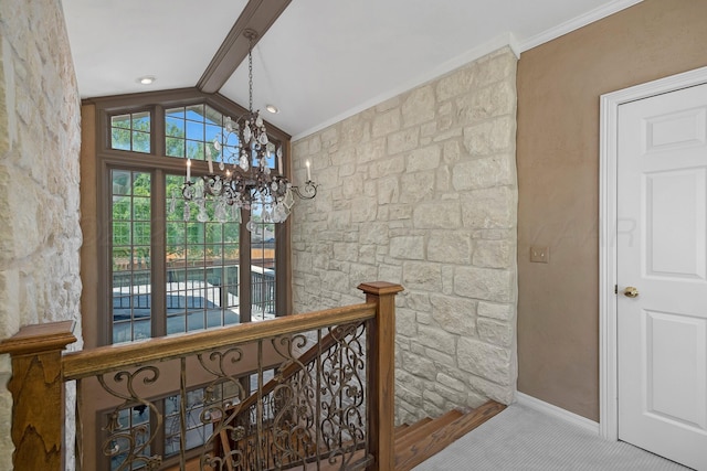 3506 Van Winkle Dr, Amarillo, TX 79121 - corridor with vaulted ceiling, carpet floors, crown molding, baseboards, and a chandelier