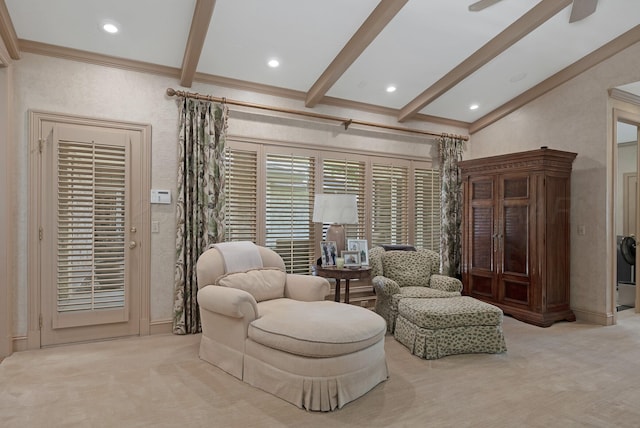 3506 Van Winkle Dr, Amarillo, TX 79121 - living area featuring beamed ceiling, ceiling fan, carpet, and ornamental molding