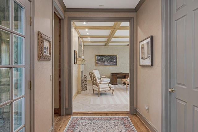 3506 Van Winkle Dr, Amarillo, TX 79121 - corridor with coffered ceiling, light wood-style floors, beam ceiling, crown molding, and baseboards