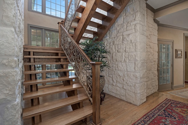 3506 Van Winkle Dr, Amarillo, TX 79121 - stairs featuring wood finished floors, baseboards, and ornamental molding
