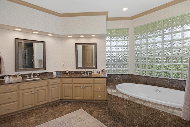 3506 Van Winkle Dr, Amarillo, TX 79121 - bathroom with a bath, crown molding, a sink, and double vanity