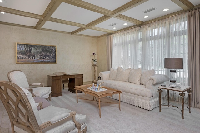 3506 Van Winkle Dr, Amarillo, TX 79121 - living room with coffered ceiling, beamed ceiling, visible vents, and carpet