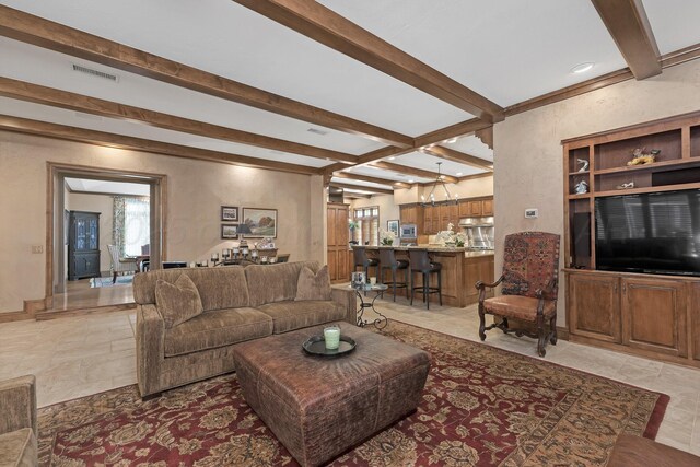 3506 Van Winkle Dr, Amarillo, TX 79121 - living area featuring beamed ceiling, visible vents, and recessed lighting