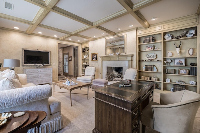3506 Van Winkle Dr, Amarillo, TX 79121 - carpeted living room with recessed lighting, coffered ceiling, visible vents, beam ceiling, and a fireplace