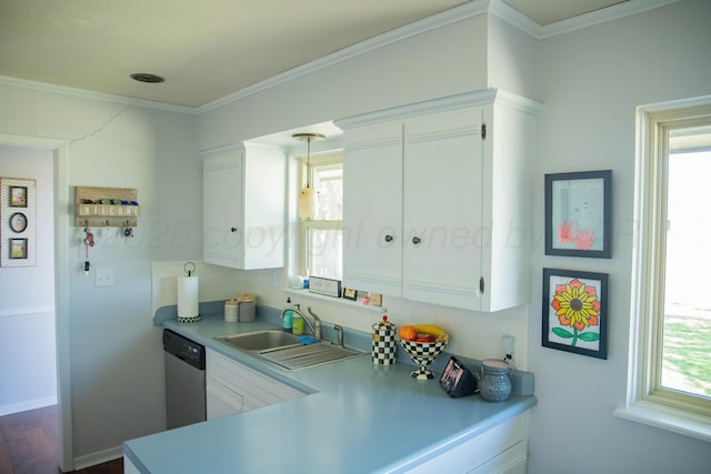 1418 Oak Ave, Panhandle, TX 79068 - kitchen with stainless steel dishwasher, light countertops, decorative backsplash, white cabinetry, and crown molding