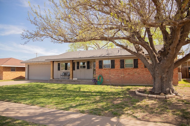 1418 Oak Ave, Panhandle, TX 79068 - ranch-style home with brick siding, a garage, concrete driveway, a front yard, and board and batten siding