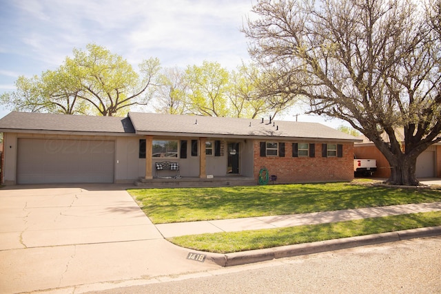 1418 Oak Ave, Panhandle, TX 79068 - ranch-style house featuring an attached garage, concrete driveway, a front yard, brick siding, and covered porch