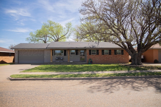 1418 Oak Ave, Panhandle, TX 79068 - single story home with an attached garage, concrete driveway, brick siding, and a front lawn