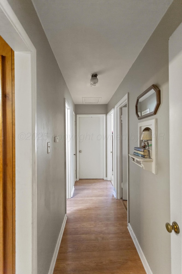 hall with baseboards, attic access, and light wood-style floors