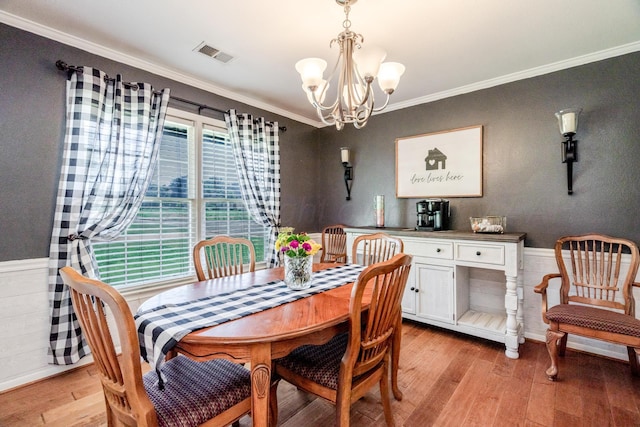 4512 Gem Lake Rd, Amarillo, TX 79106 - dining room with a chandelier, light wood-style floors, ornamental molding, and a wainscoted wall