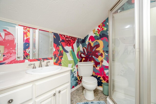4512 Gem Lake Rd, Amarillo, TX 79106 - bathroom featuring wallpapered walls, vanity, a stall shower, a textured ceiling, and tile patterned floors