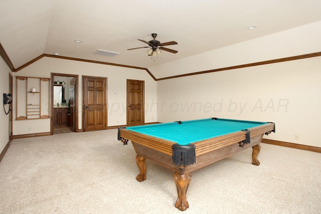 4602 Cape Verde Ct, Amarillo, TX 79119 - game room featuring vaulted ceiling, light carpet, a ceiling fan, pool table, and recessed lighting
