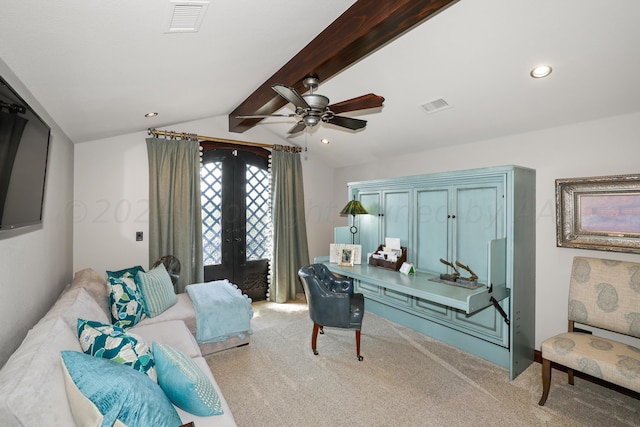 office space featuring lofted ceiling with beams, light colored carpet, ceiling fan, and french doors