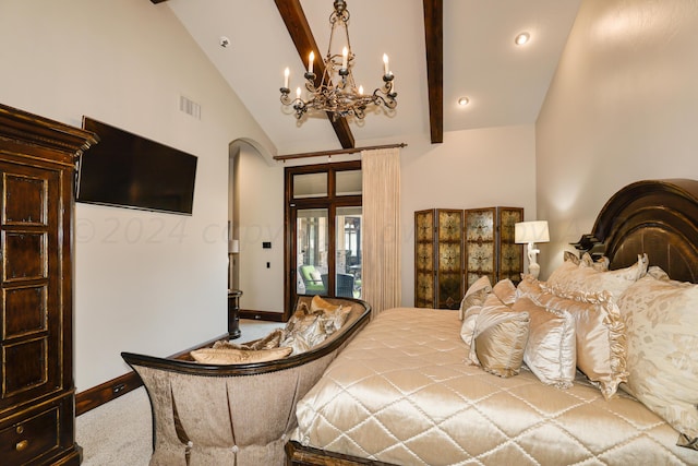 carpeted bedroom featuring beam ceiling and high vaulted ceiling