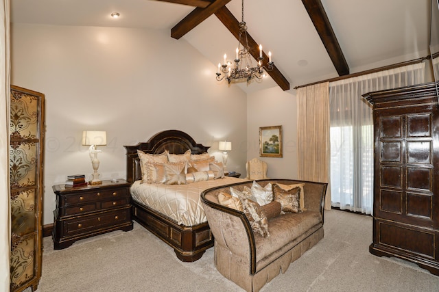 carpeted bedroom featuring an inviting chandelier and vaulted ceiling with beams