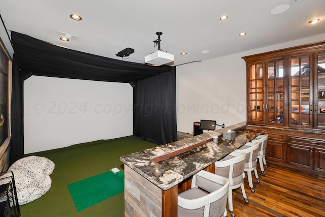 rec room featuring golf simulator and dark hardwood / wood-style flooring