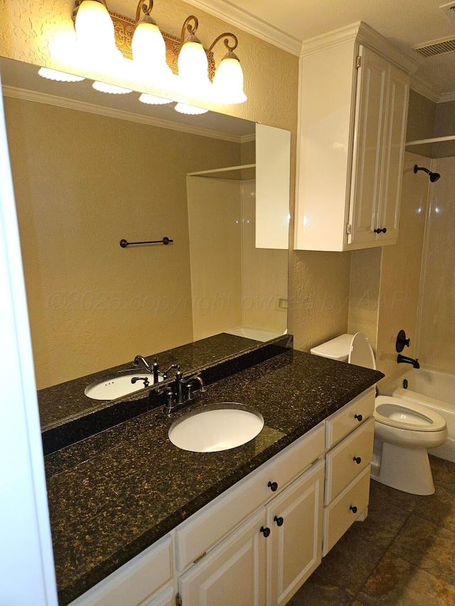 7205 Columbia Ln, Amarillo, TX 79109 - bathroom with ornamental molding, a textured wall, vanity, and shower / tub combination