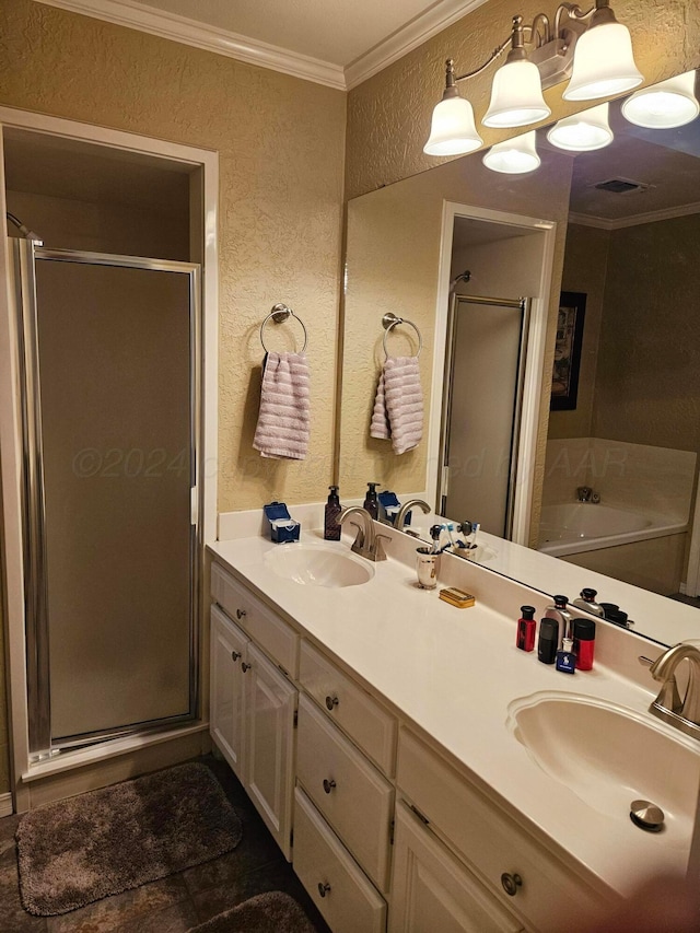 7205 Columbia Ln, Amarillo, TX 79109 - full bathroom featuring a textured wall, crown molding, a shower stall, double vanity, and a garden tub