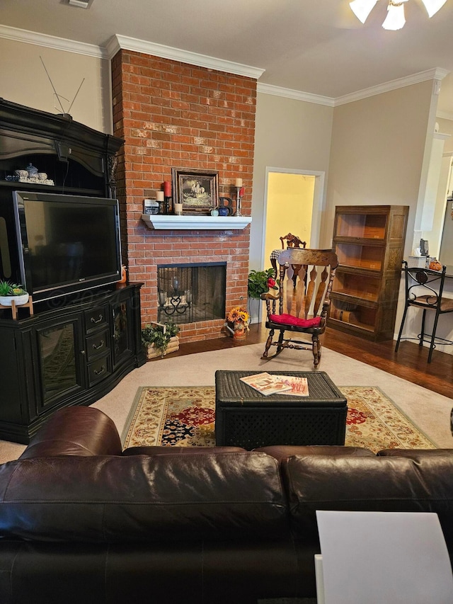 7205 Columbia Ln, Amarillo, TX 79109 - living room with crown molding, a brick fireplace, wood finished floors, and a ceiling fan