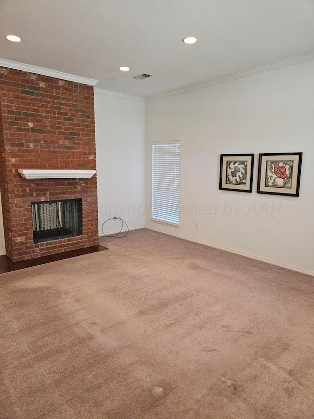 7205 Columbia Ln, Amarillo, TX 79109 - unfurnished living room with crown molding, carpet flooring, a fireplace, and recessed lighting