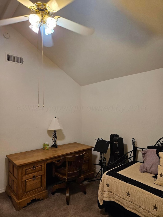 7205 Columbia Ln, Amarillo, TX 79109 - carpeted bedroom with lofted ceiling, an office area, and a ceiling fan