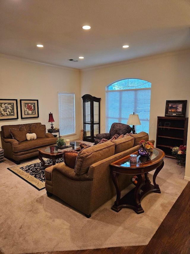 7205 Columbia Ln, Amarillo, TX 79109 - living room featuring ornamental molding, wood finished floors, and recessed lighting