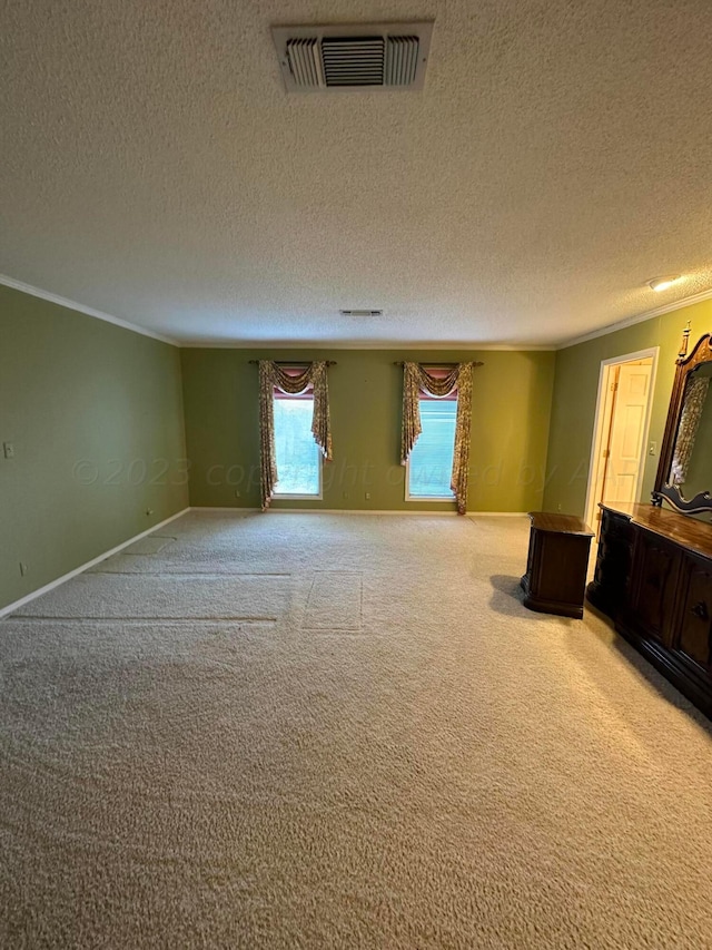 carpeted empty room featuring a textured ceiling and crown molding