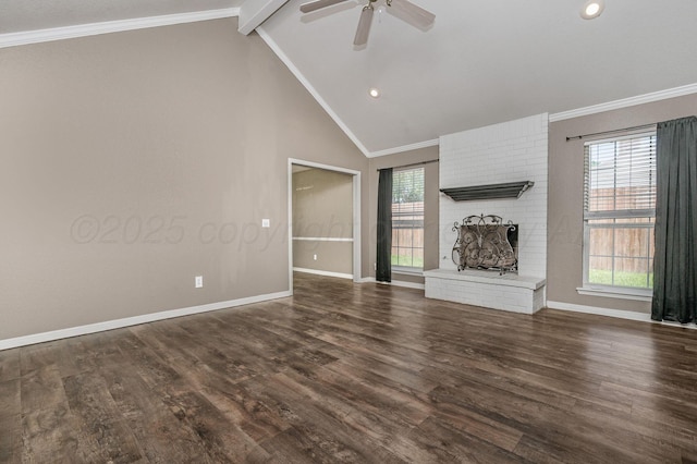 unfurnished living room with ceiling fan, dark wood-type flooring, baseboards, a fireplace, and crown molding