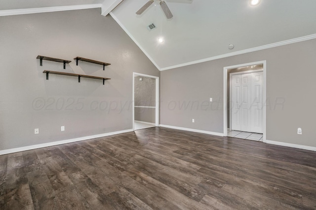 unfurnished room with a ceiling fan, wood finished floors, baseboards, recessed lighting, and ornamental molding