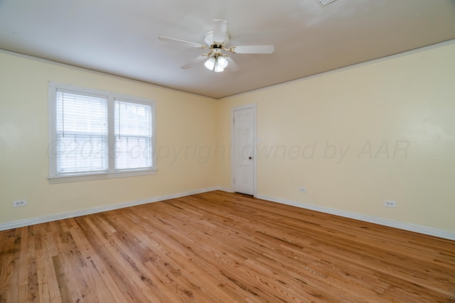 empty room with ceiling fan and light hardwood / wood-style flooring