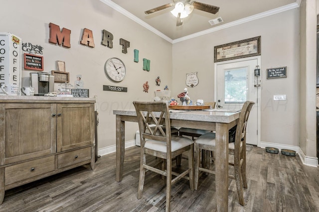 7402 Southbend Dr, Amarillo, TX 79119 - dining space featuring crown molding, ceiling fan, and dark wood-style floors
