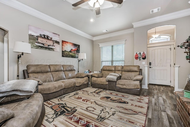 7402 Southbend Dr, Amarillo, TX 79119 - living room with ceiling fan, dark wood-style flooring, crown molding, and arched walkways