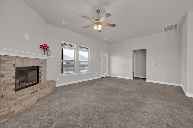 9110 Lexford Dr, Amarillo, TX 79119 - unfurnished living room with ceiling fan, carpet, and a fireplace