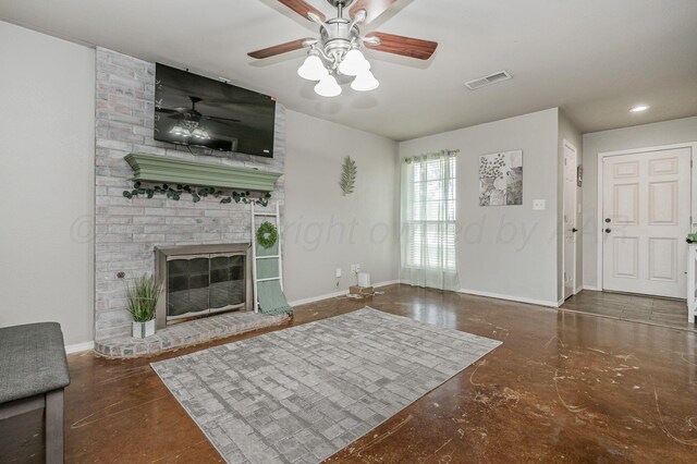 2002 SW 61st Ave, Amarillo, TX 79118 - living area featuring ceiling fan, a brick fireplace, baseboards, and concrete floors