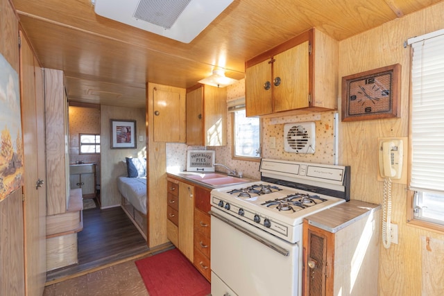 kitchen with dark wood-type flooring, wood walls, sink, and white gas stove