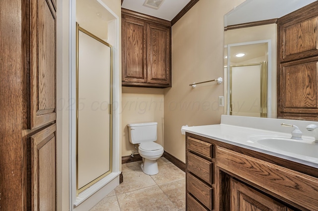 full bath featuring a stall shower, visible vents, baseboards, toilet, and tile patterned flooring