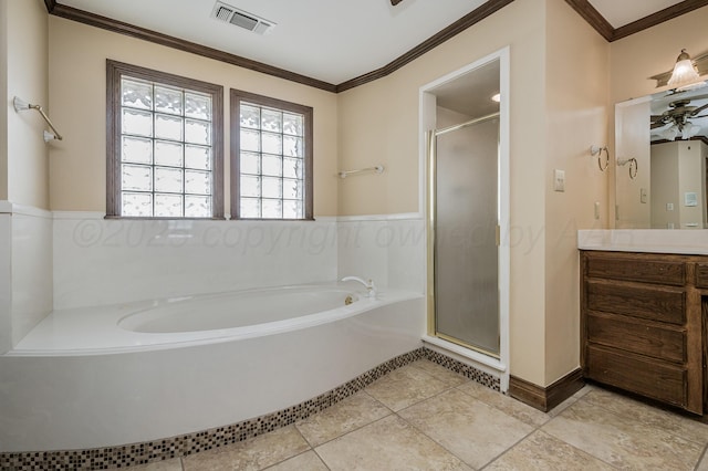 bathroom featuring a shower stall, visible vents, ornamental molding, and vanity