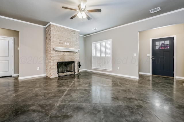 unfurnished living room featuring crown molding, concrete floors, a fireplace, and baseboards