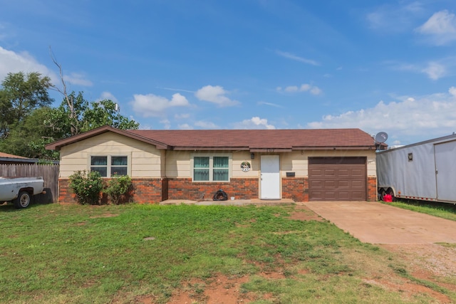 707 N Arkansas St, Shamrock, TX 79079 - ranch-style house featuring brick siding, a garage, concrete driveway, and a front yard