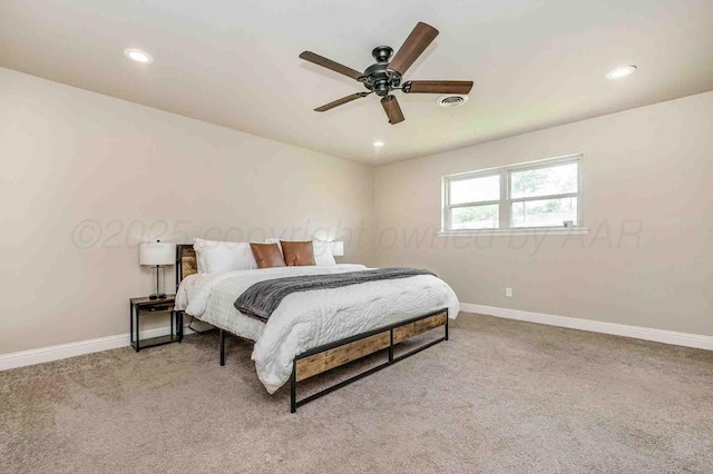5800 Hester Rd, Amarillo, TX 79124 - bedroom with light colored carpet, baseboards, recessed lighting, and a ceiling fan
