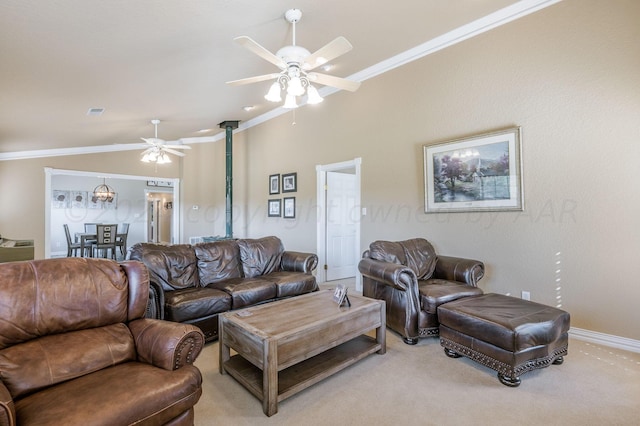 living room featuring crown molding, a ceiling fan, and light colored carpet