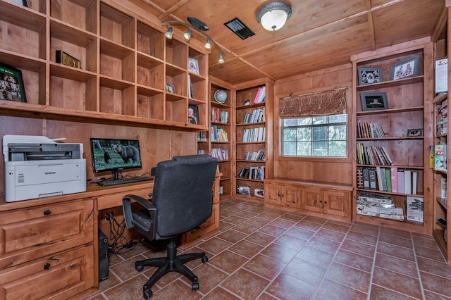 office featuring built in study area, wood walls, built in features, and wooden ceiling