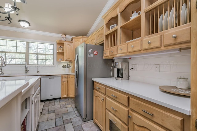 kitchen with open shelves, dishwasher, stone finish floor, backsplash, and ornamental molding