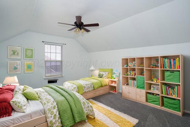 9909 Asher Ave, Amarillo, TX 79119 - bedroom with carpet, vaulted ceiling, and ceiling fan