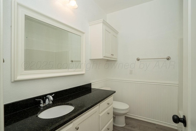 9909 Asher Ave, Amarillo, TX 79119 - bathroom featuring wood finished floors, vanity, wainscoting, and toilet