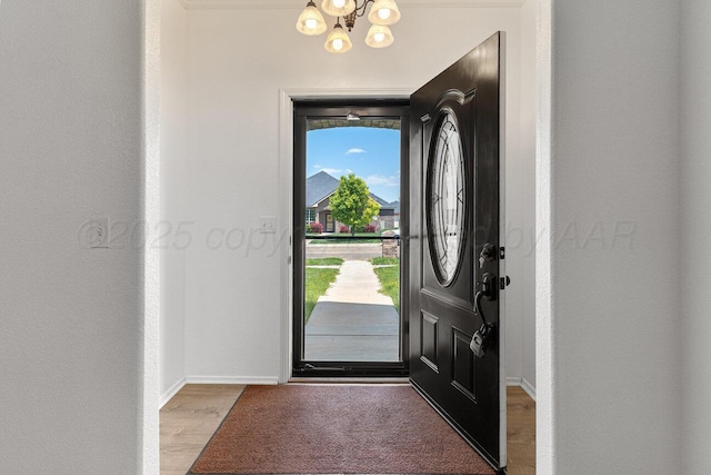 9909 Asher Ave, Amarillo, TX 79119 - entryway featuring a chandelier, healthy amount of natural light, baseboards, and wood finished floors