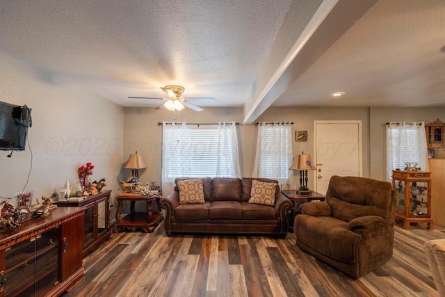 living room with ceiling fan, dark hardwood / wood-style floors, and a textured ceiling