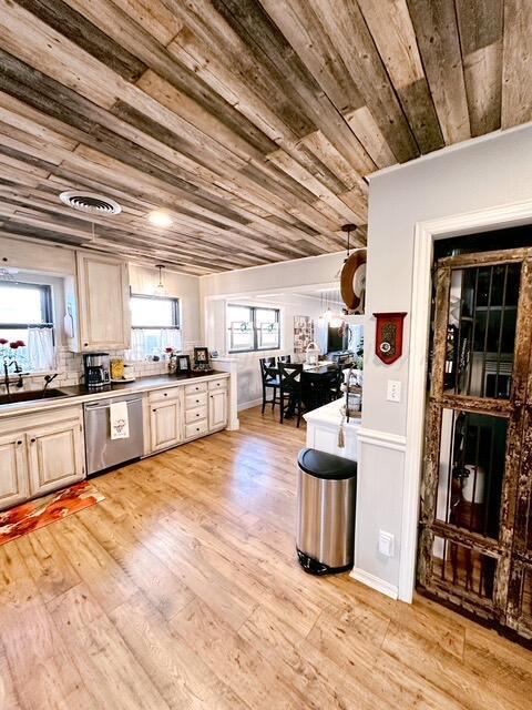 kitchen with light wood finished floors, wood ceiling, light brown cabinets, a sink, and dishwasher